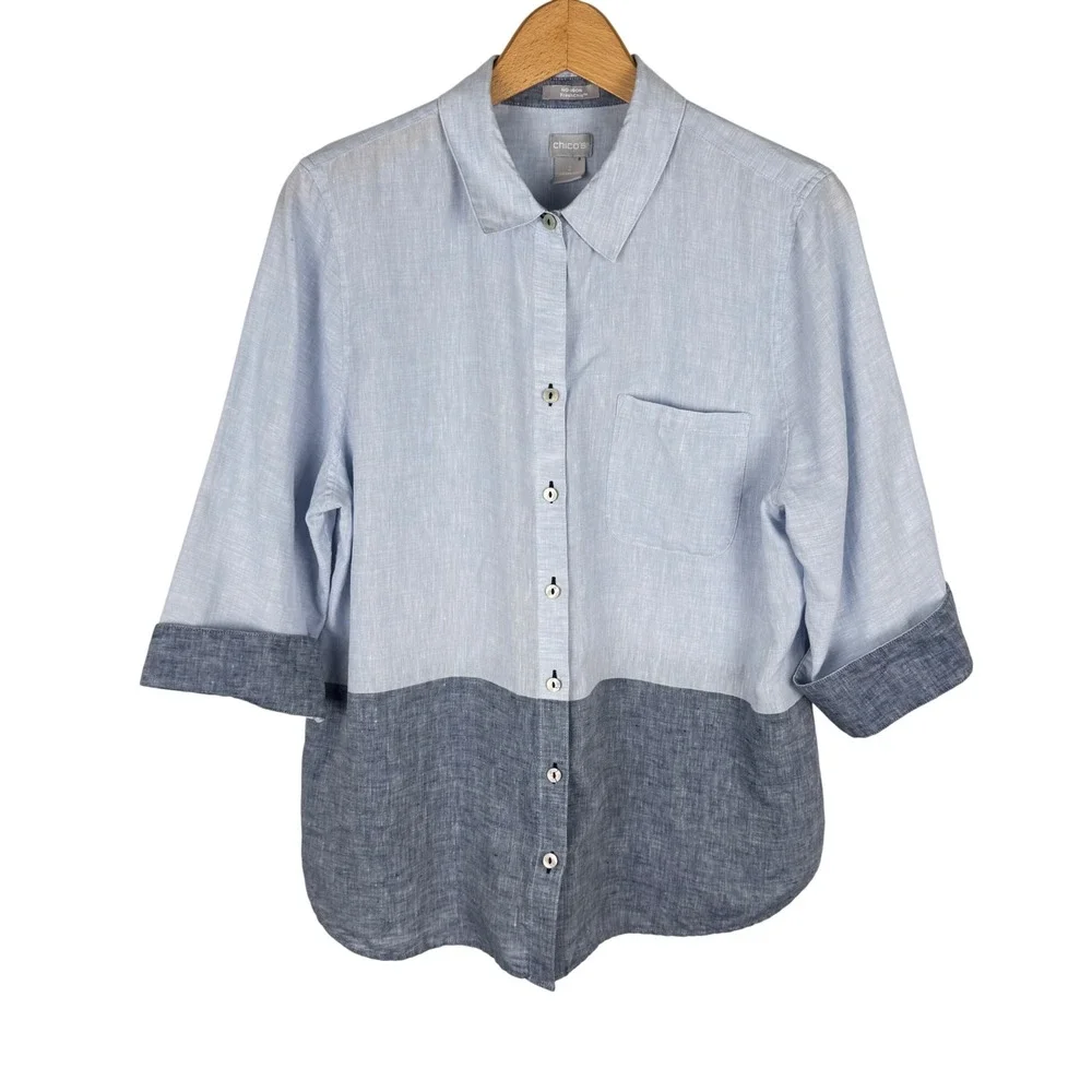 Chicos No-Iron FreshChic Linen Colorblock Button Up Shirt Womens 2 Large Blue - Picture 1 of 5